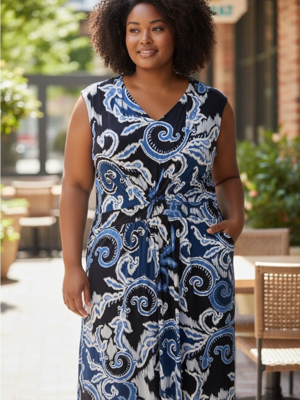 Chico's v neck sleeveless Navy, Light Blue & White Swirl Midi Dress size 3 14/16 - Picture 2 of 10